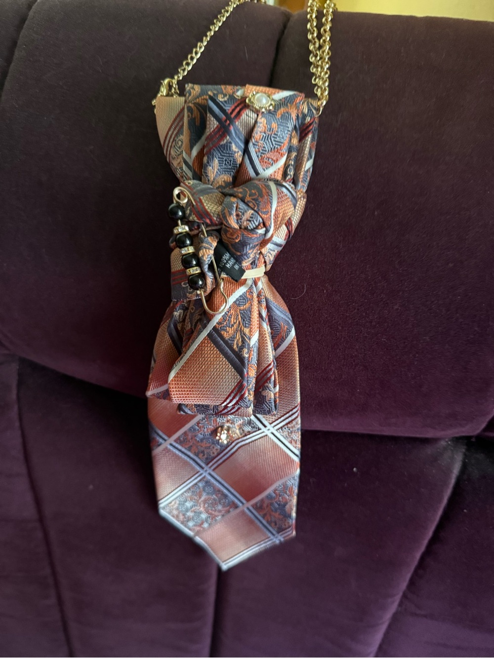Elegant Brown Patterned Necktie Pendant Necklace for Women